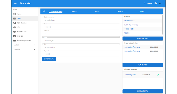 Jeeves ERP: CRM webbapplikation integrerad med Jeeves affärssystem med orderhantering på fältet